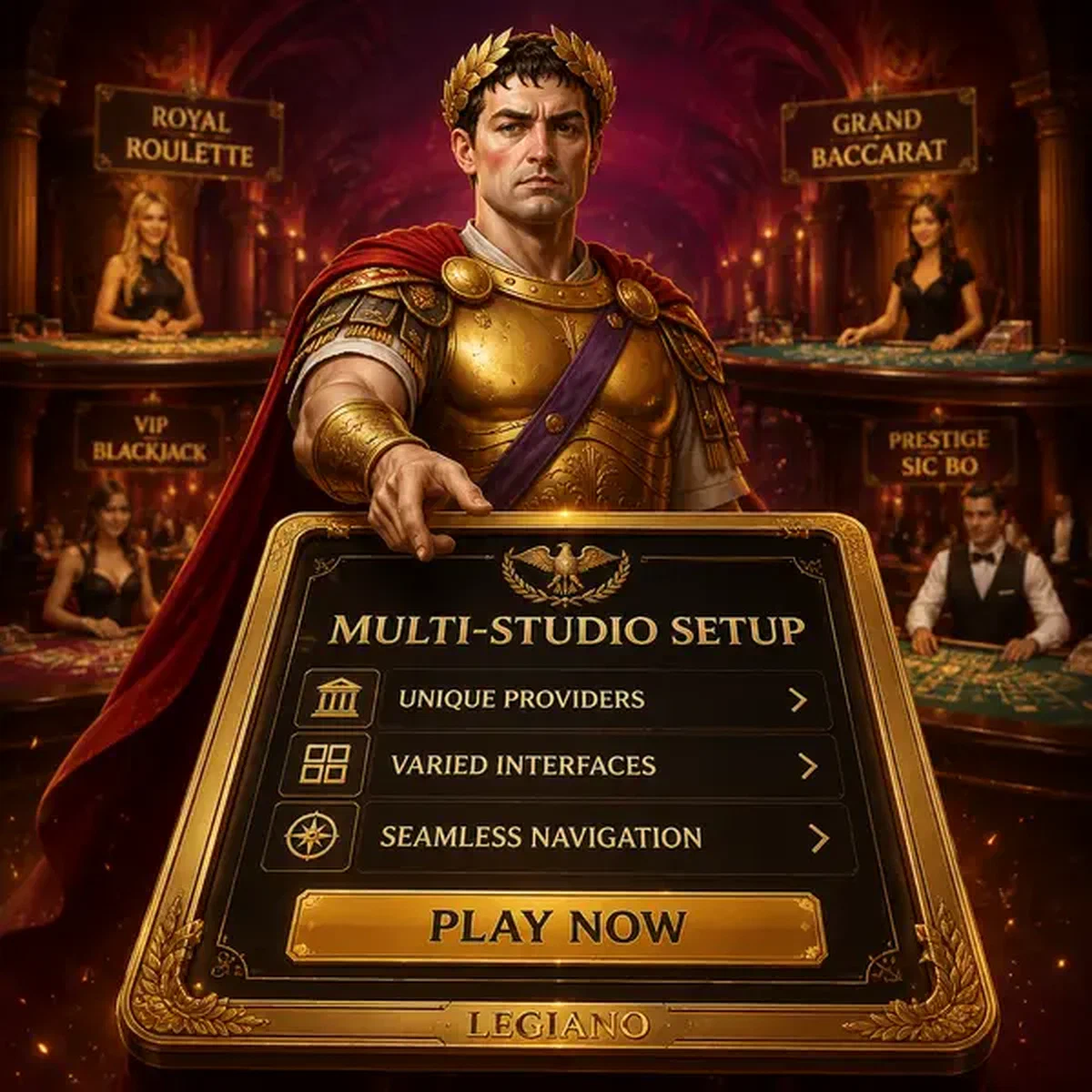 L'Empereur commandant la configuration multi-studios du casino en direct chez Legiano avec tablette de contrôle dorée