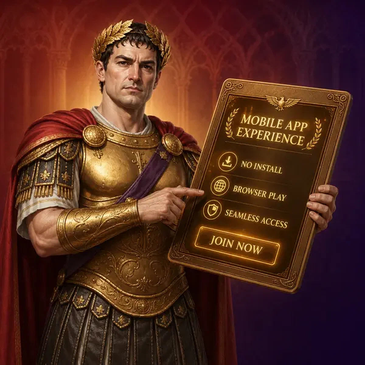 L'empereur Legiano tapant avec confiance l'application mobile sur tablette de bronze sous lumière impériale dorée