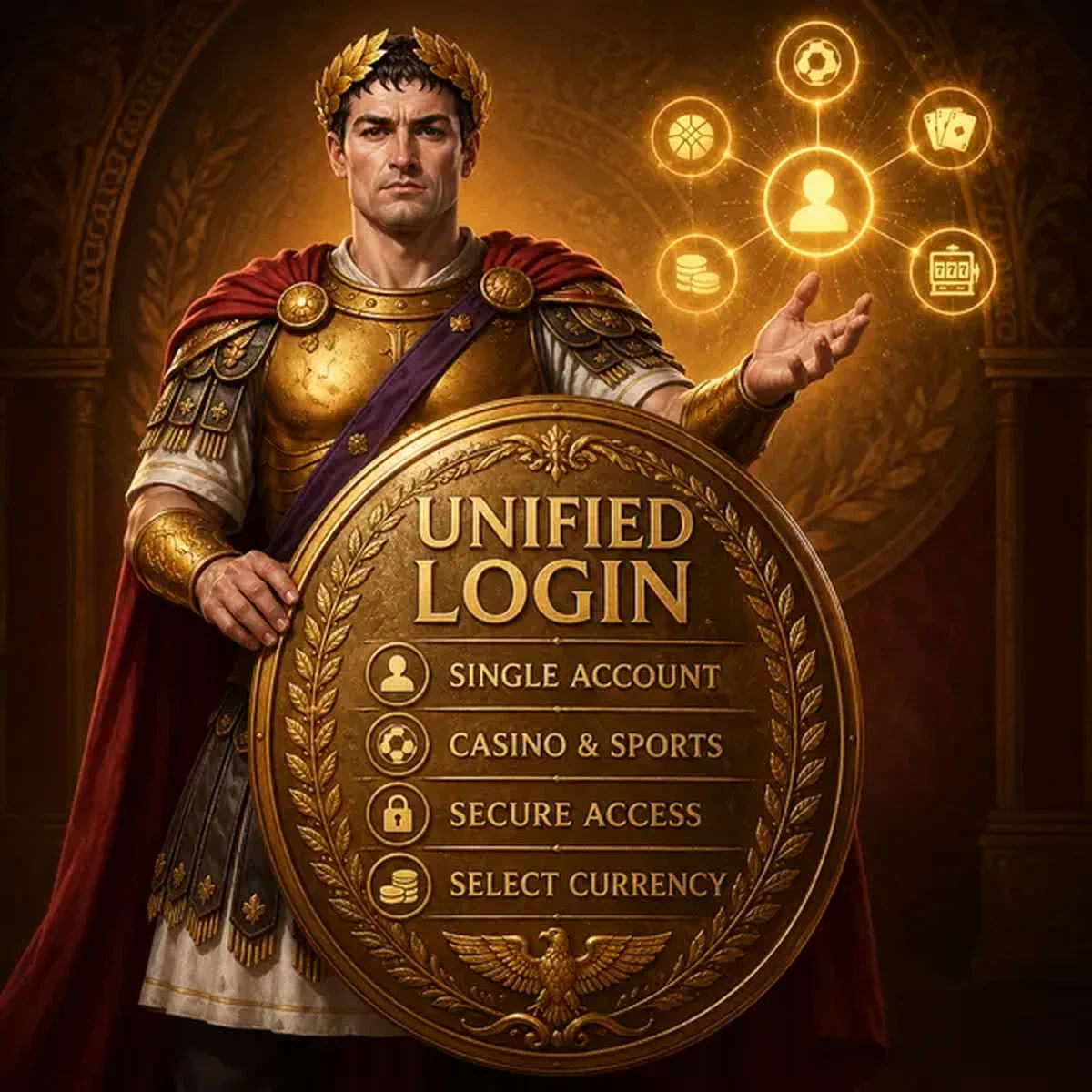 Architecture de connexion casino unifiée joueur accédant au portail de connexion sécurisé avec bouclier doré