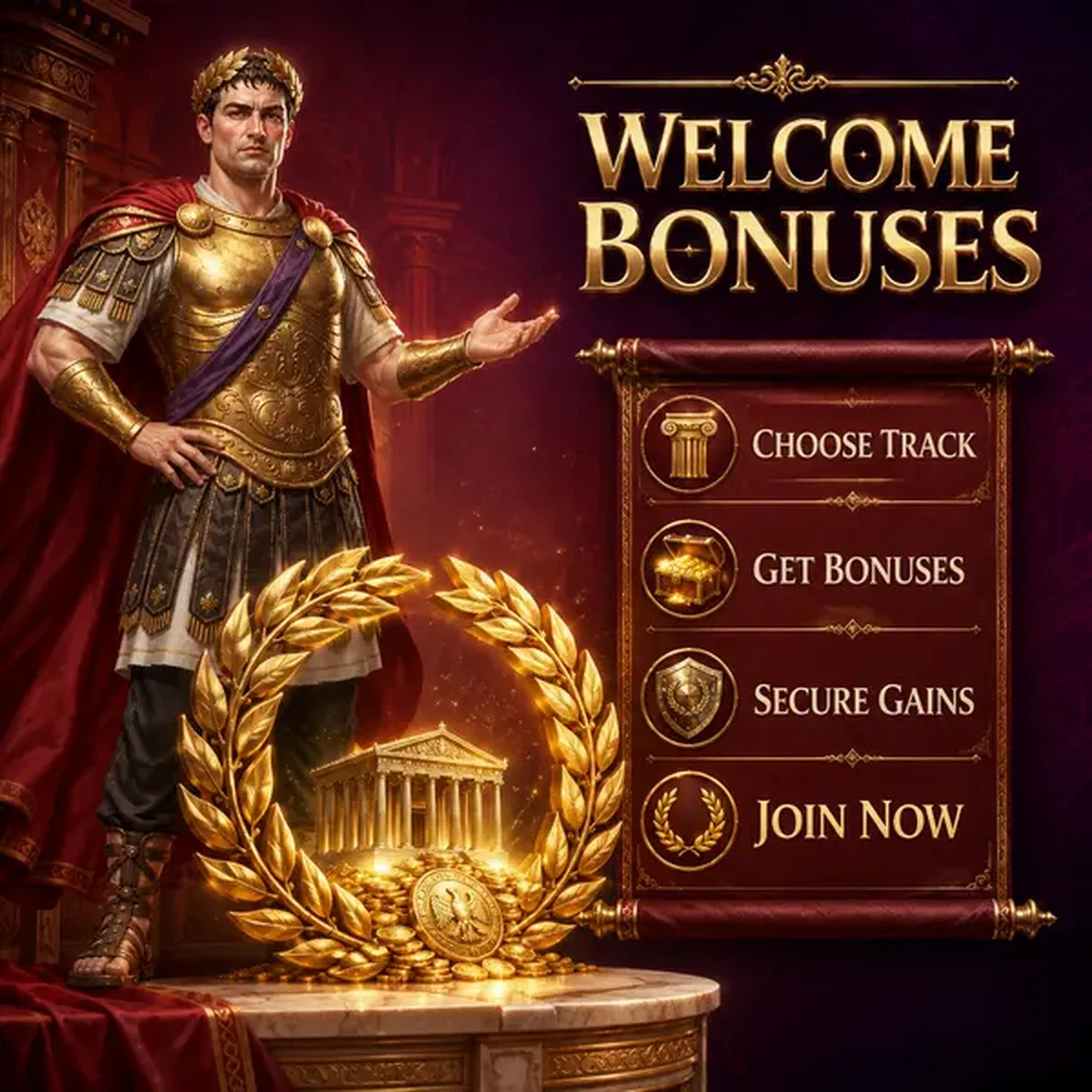 Empereur Legiano faisant un geste vers une couronne de laurier dorée alors qu'un joueur rejoint le programme de bonus de bienvenue