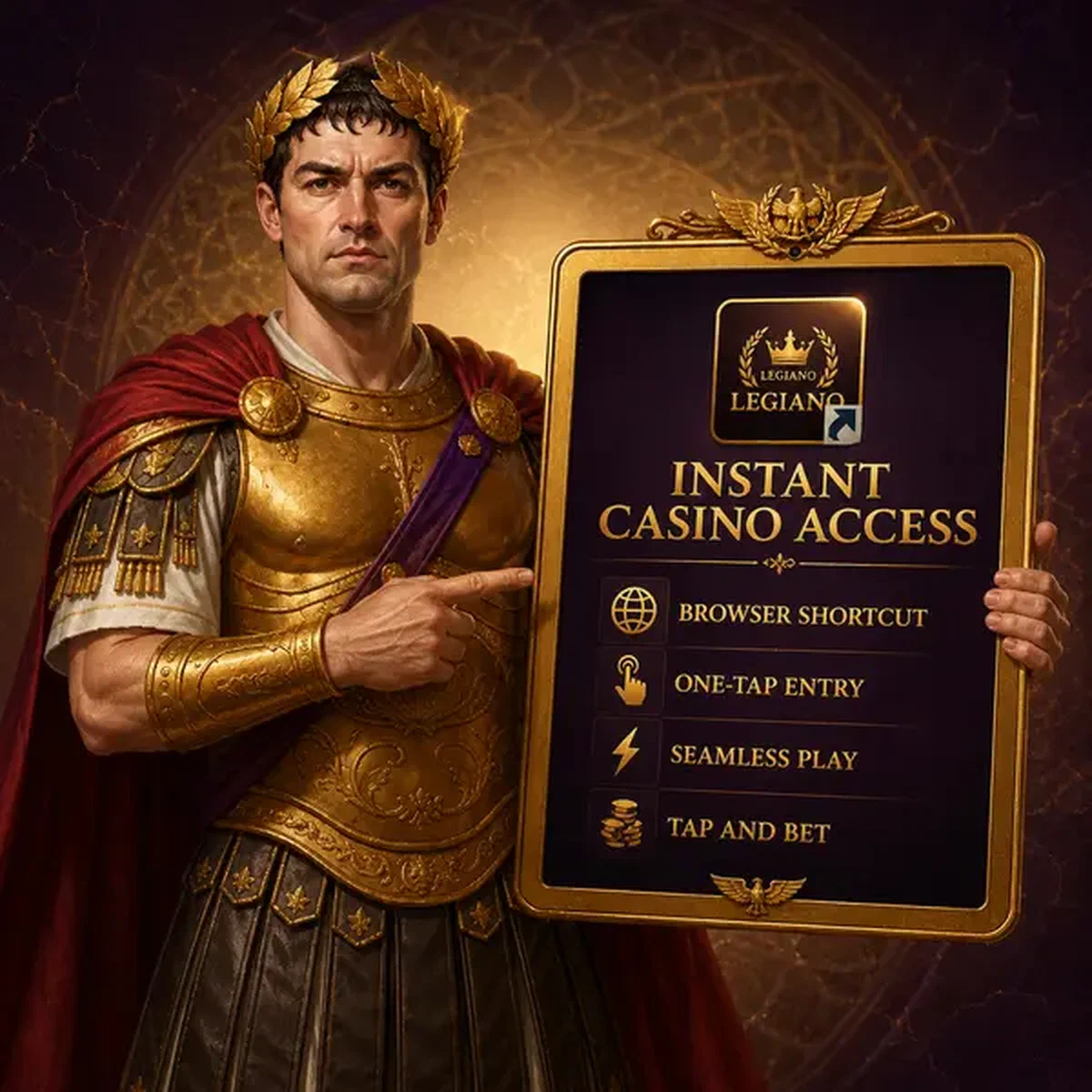 L'Empereur Legiano désignant une tablette dorée montrant le raccourci d'application pour accès casino instantané