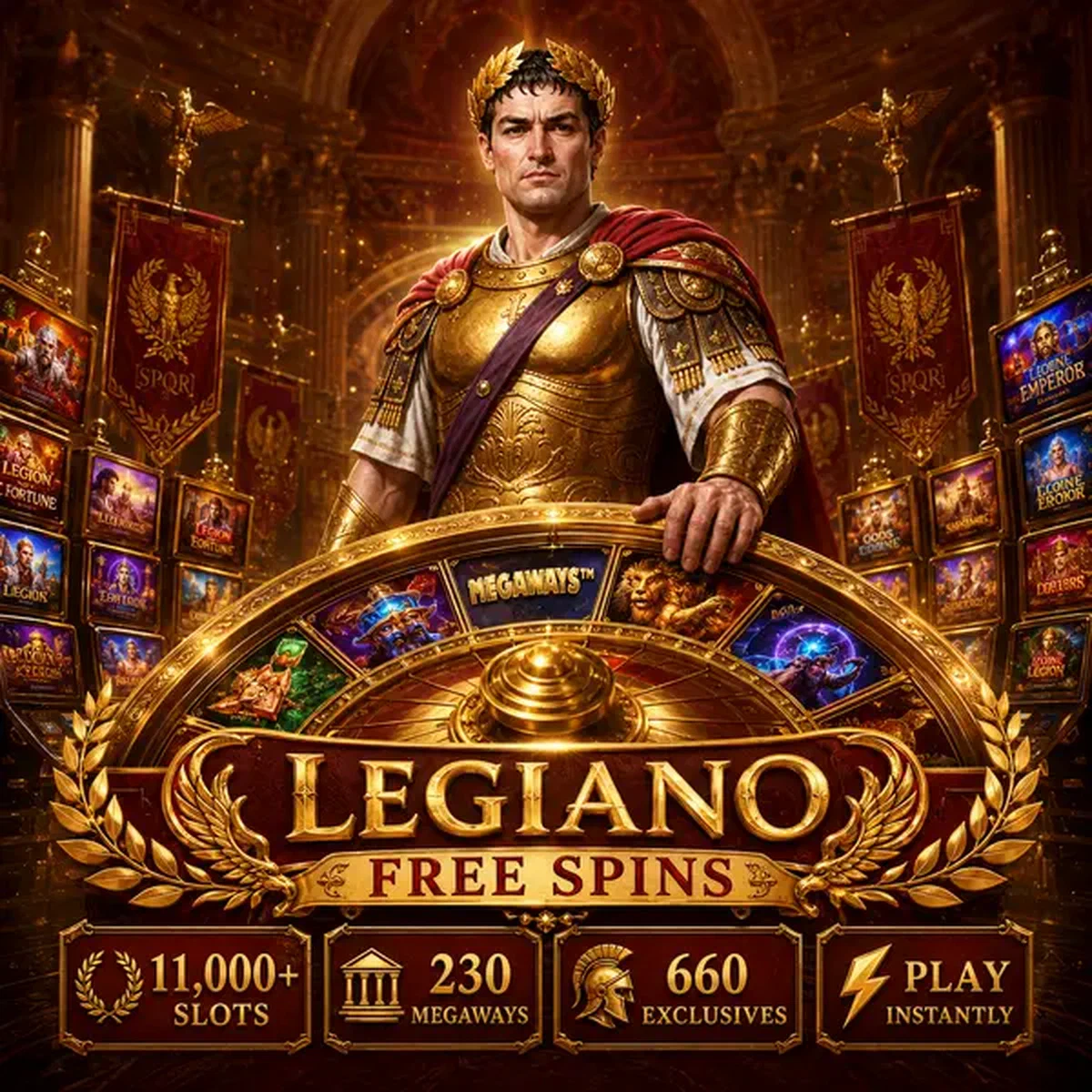Empereur Legiano commandant des tours gratuits sur une roue de roulette dorée avec sélections de machines à sous