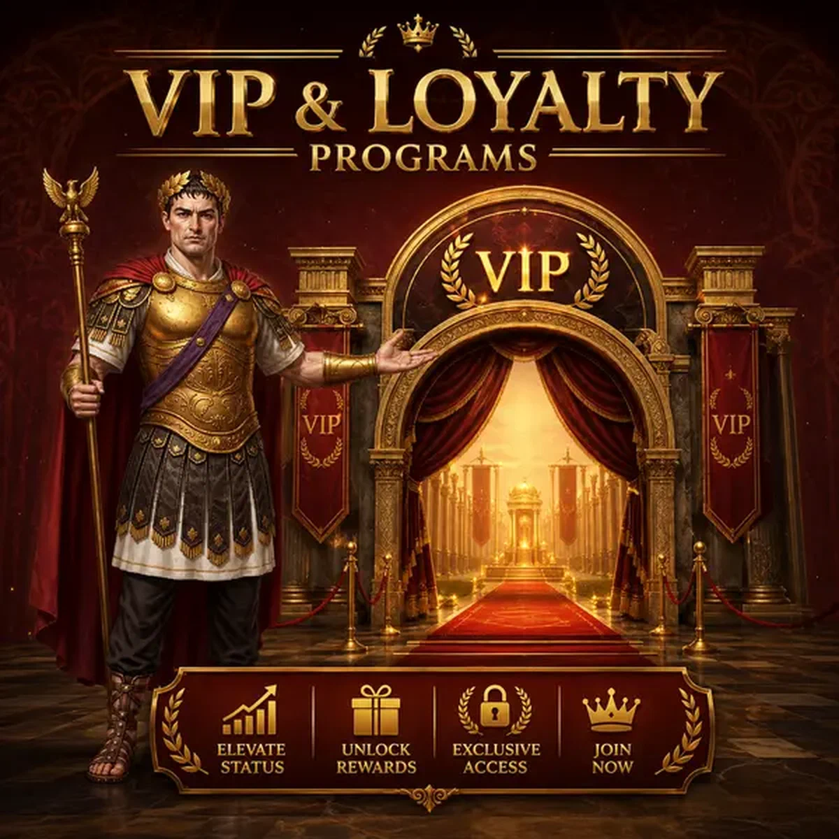 Portail de fidélité VIP Legiano avec empereur gesticulant vers une arche dorée exclusive