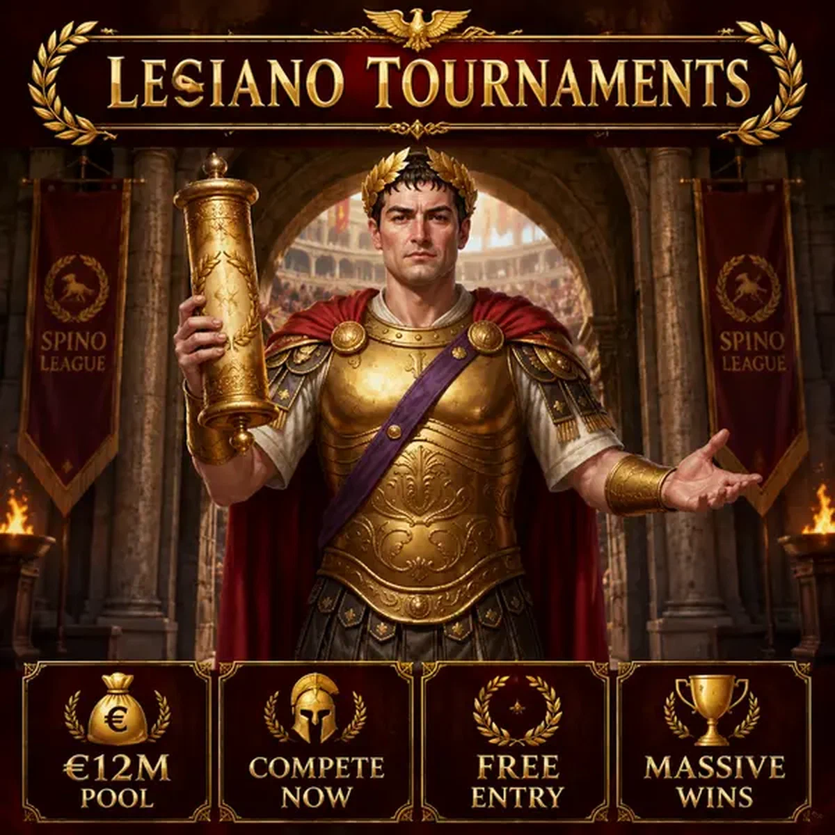 Empereur des Tournois Legiano présentant un parchemin doré à l'entrée de la grande compétition