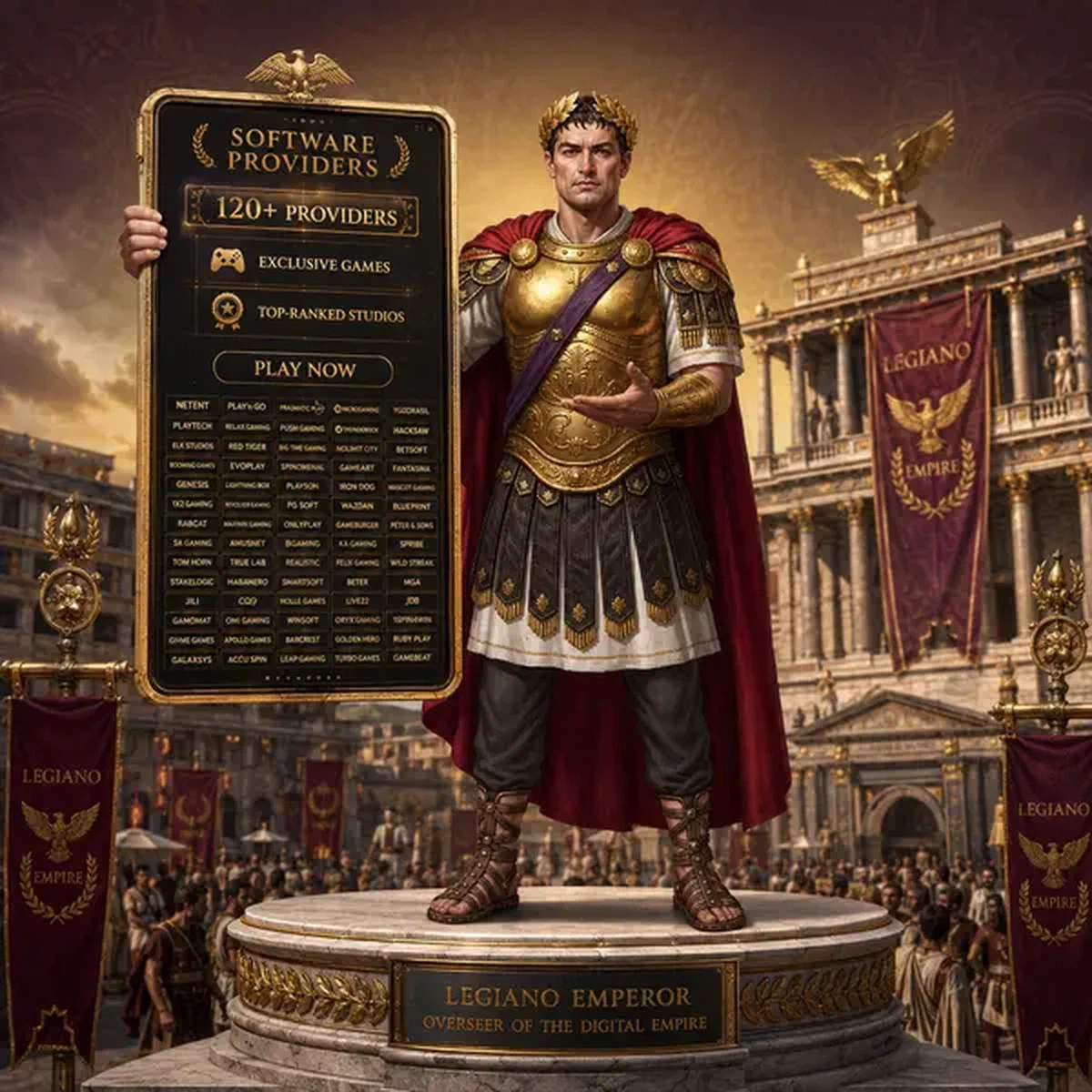 Empereur romain affichant une tablette avec 120+ fournisseurs au siège de l'empire Legiano Software