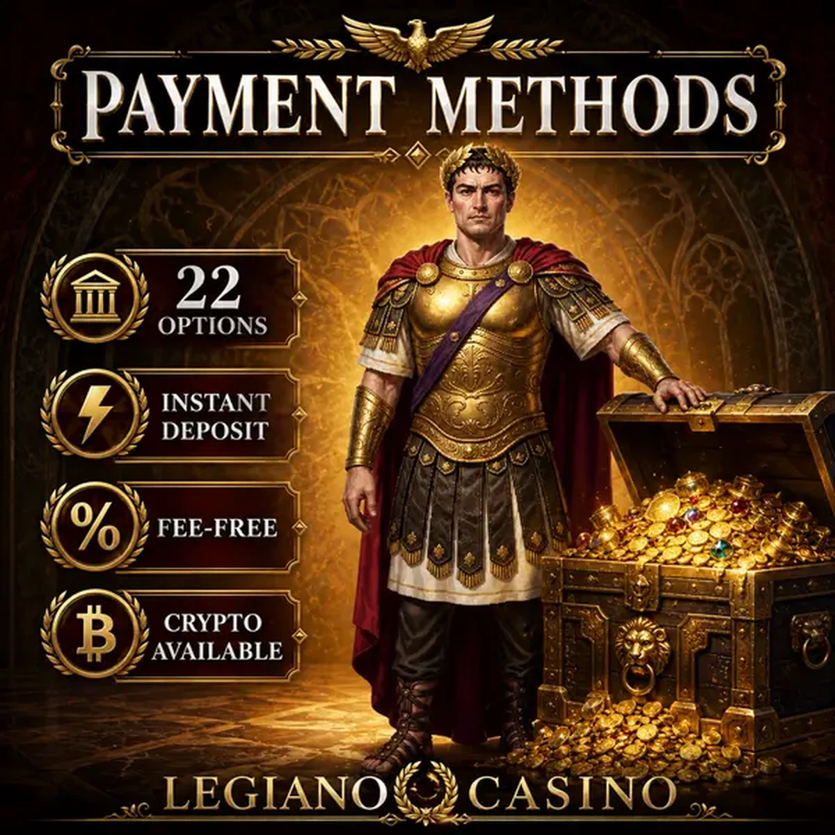 Vitrine des méthodes de paiement Legiano Casino avec coffre au trésor débordant de pièces dorées