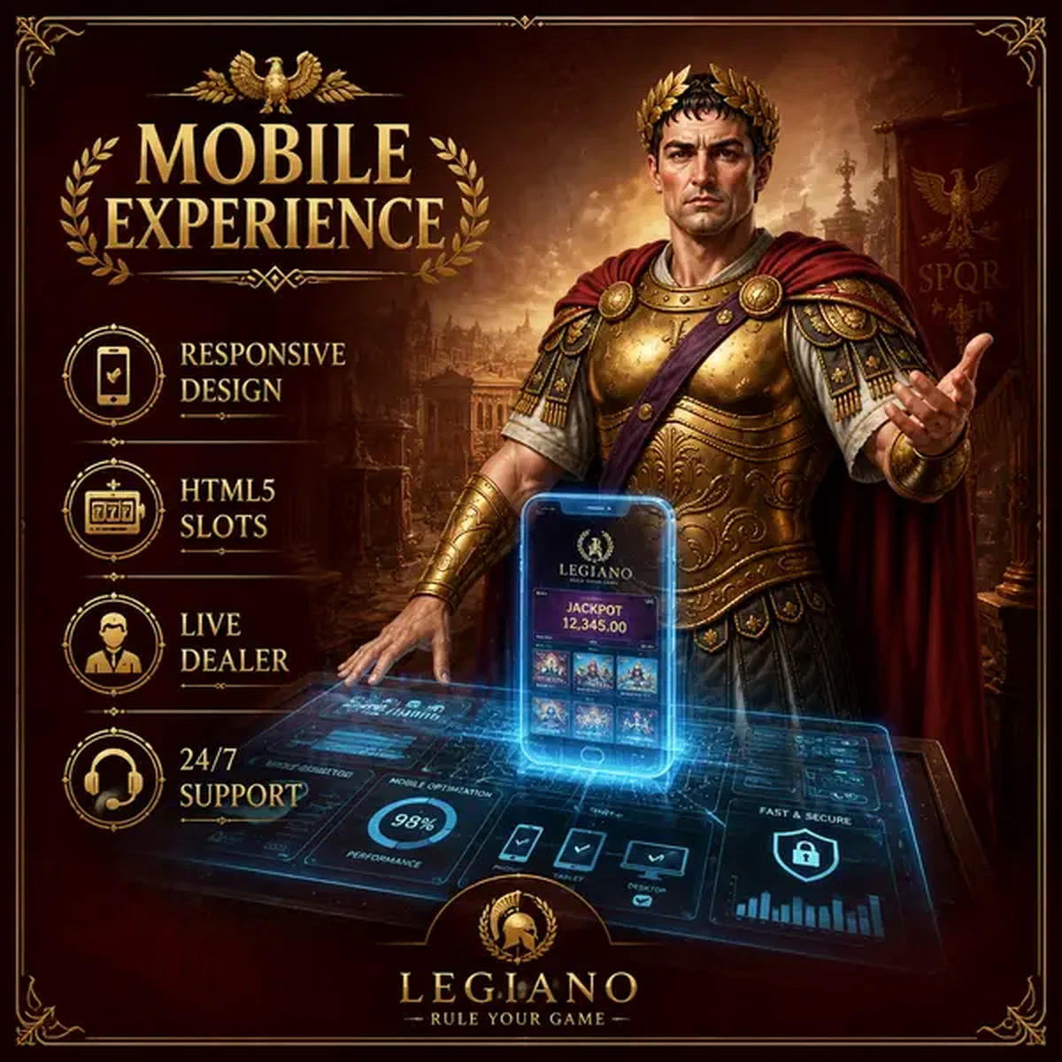 Empereur Legiano Mobile Experience gérant une interface holographique d'optimisation mobile avec design responsive